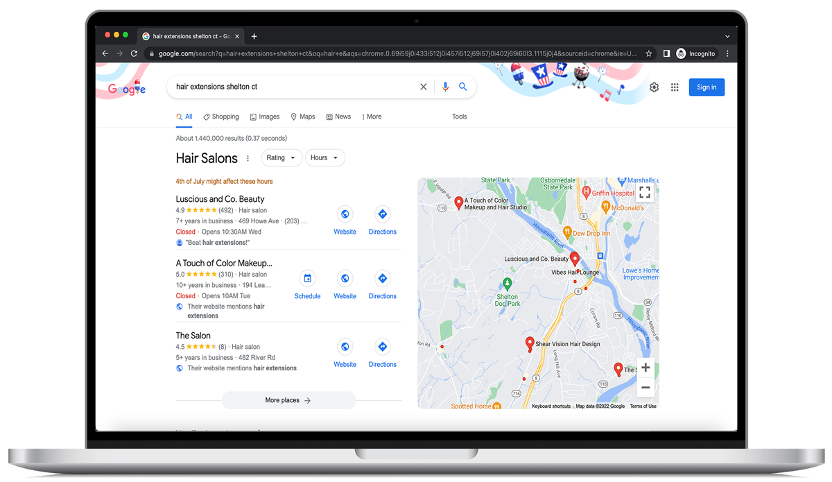 Google Maps Screenshot for Hair Extensions Keyword Search
